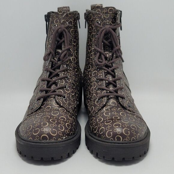 Guess Los Angeles Womens Brown Logo Ankle Combat Lace Up Boots Side Zip Sz 8.5M - Picture 3 of 12